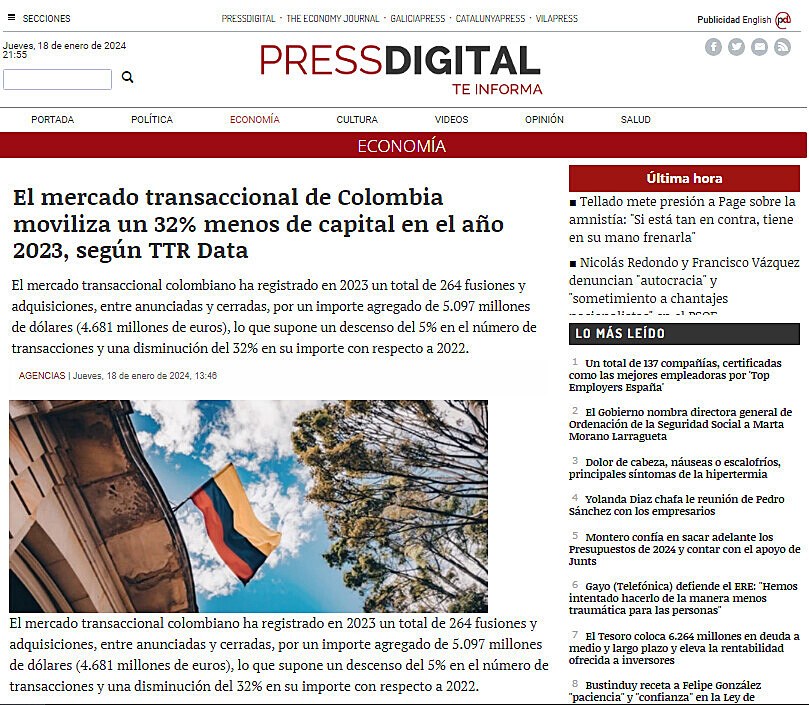 El mercado transaccional de Colombia moviliza un 32% menos de capital en el ao 2023, segn TTR Data